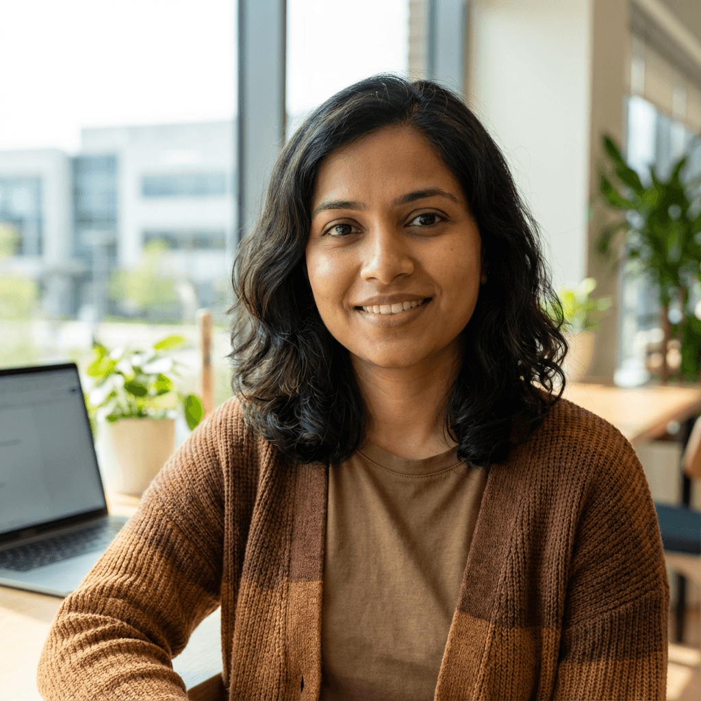 Priya Nair, office manager, at a design studio desk