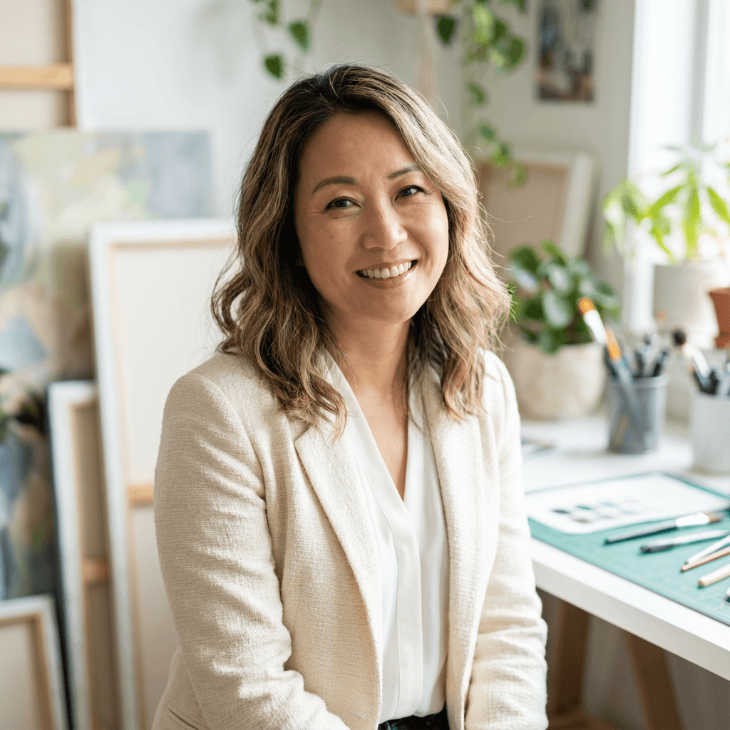 Mei Lin, office manager, at a modern desk
