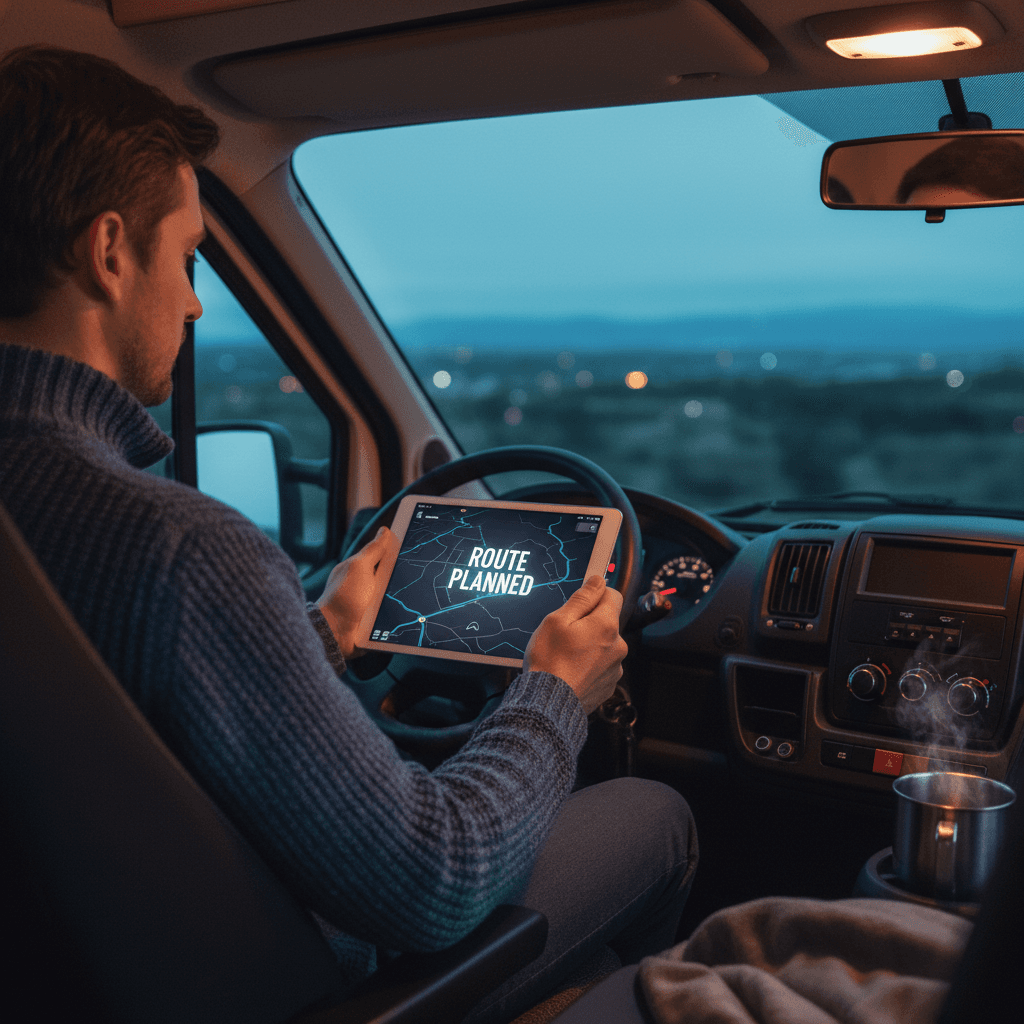 Driver in van looking at a tablet with a blurred route on screen