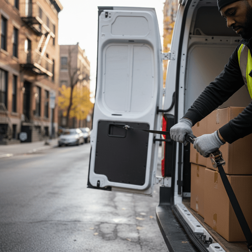 Worker securing cargo straps in a delivery van