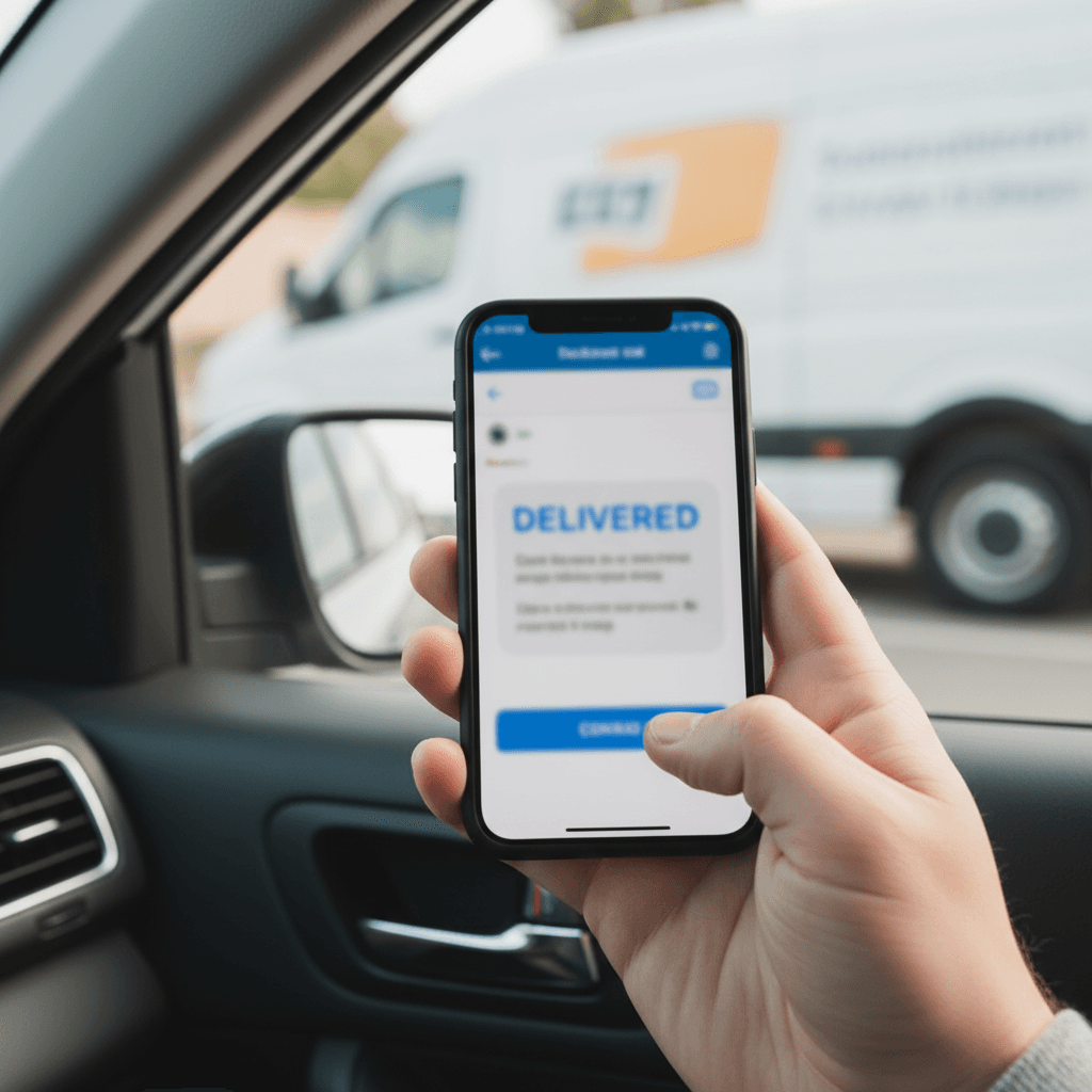 Hand holding a smartphone showing a delivery message with a van outside