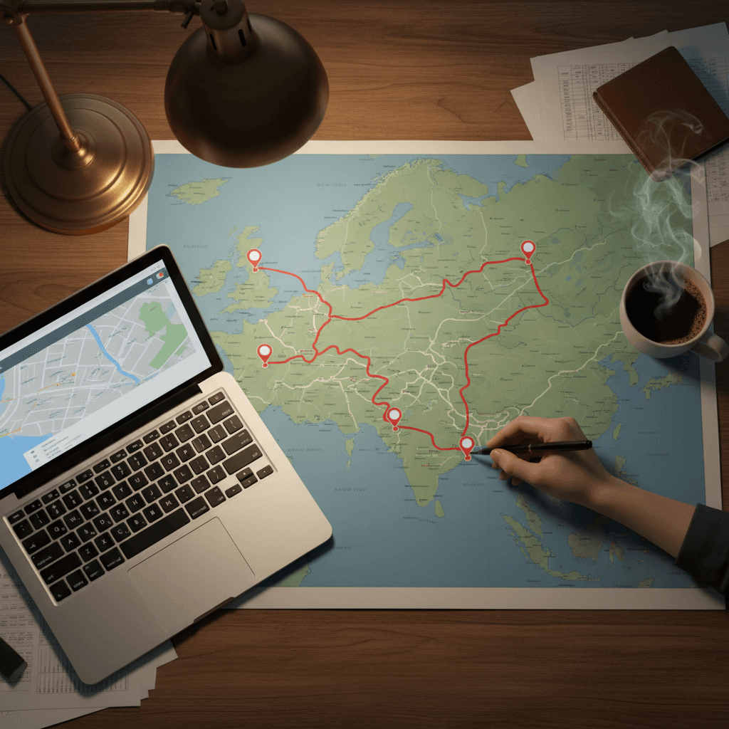 Hand marking a delivery route on a map at a desk