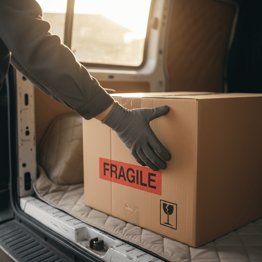 Gloved hands placing a fragile box into a padded van
