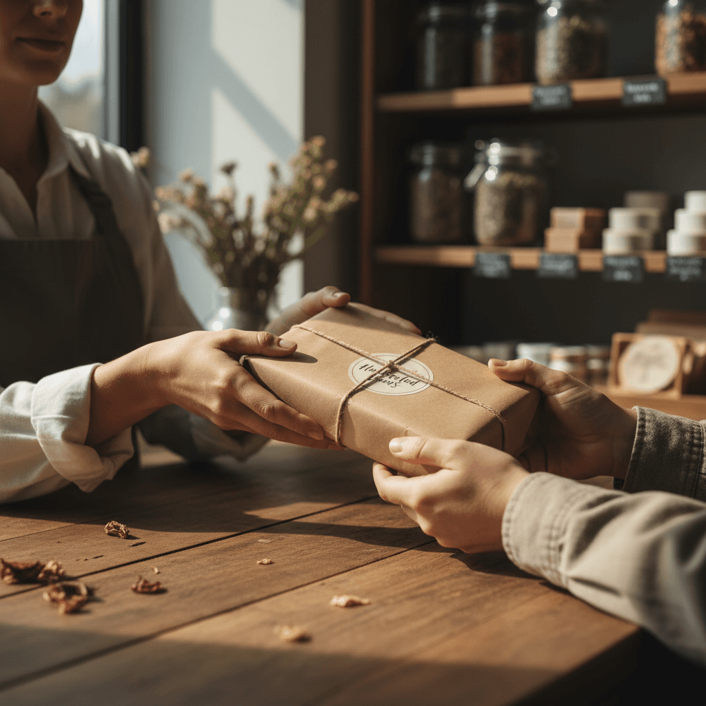 Driver handing delivery receipt to business owner at dock