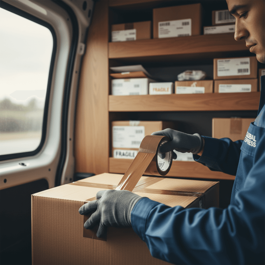 Delivery driver checking a schedule beside a loaded cargo van in Toronto
