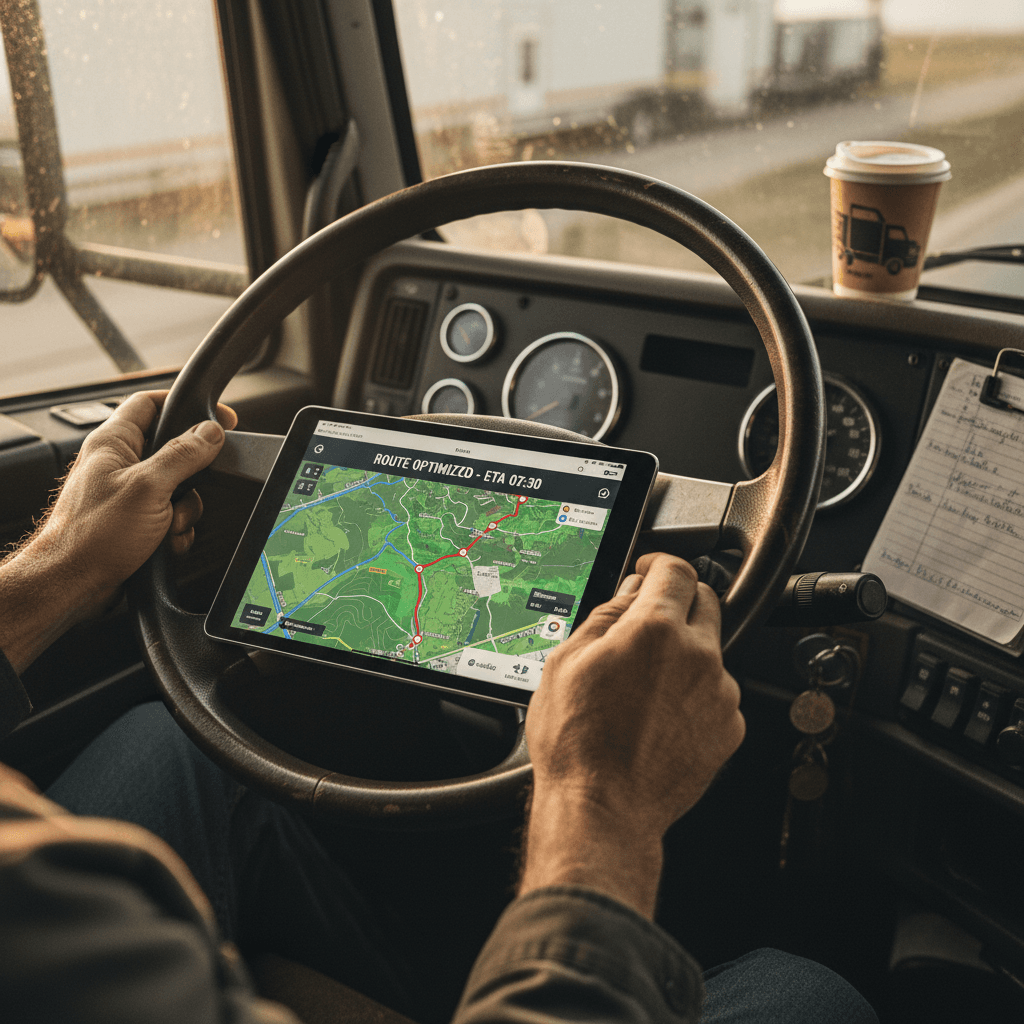 Driver reviewing route on tablet beside loaded van