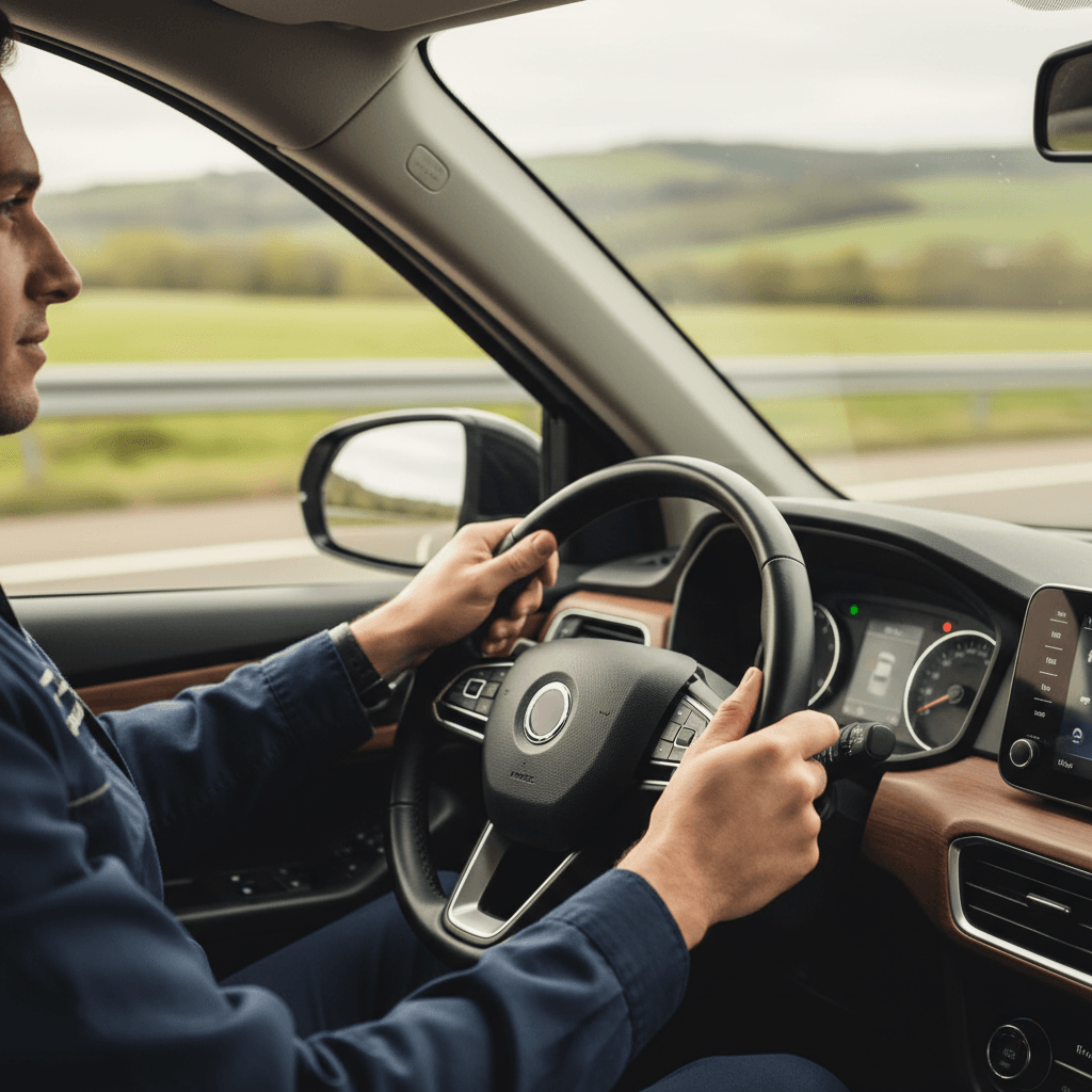 Driver holding business envelopes and a parcel