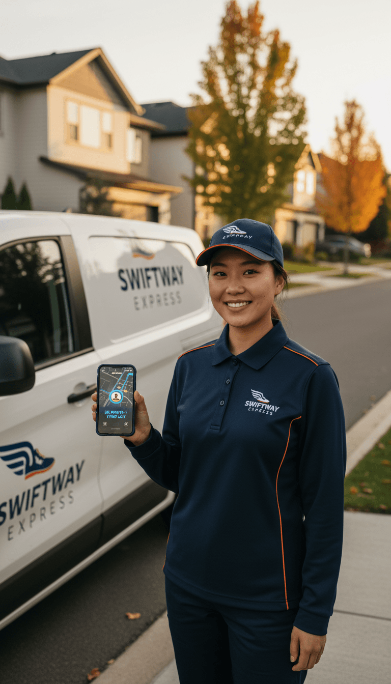 Driver on phone beside delivery van